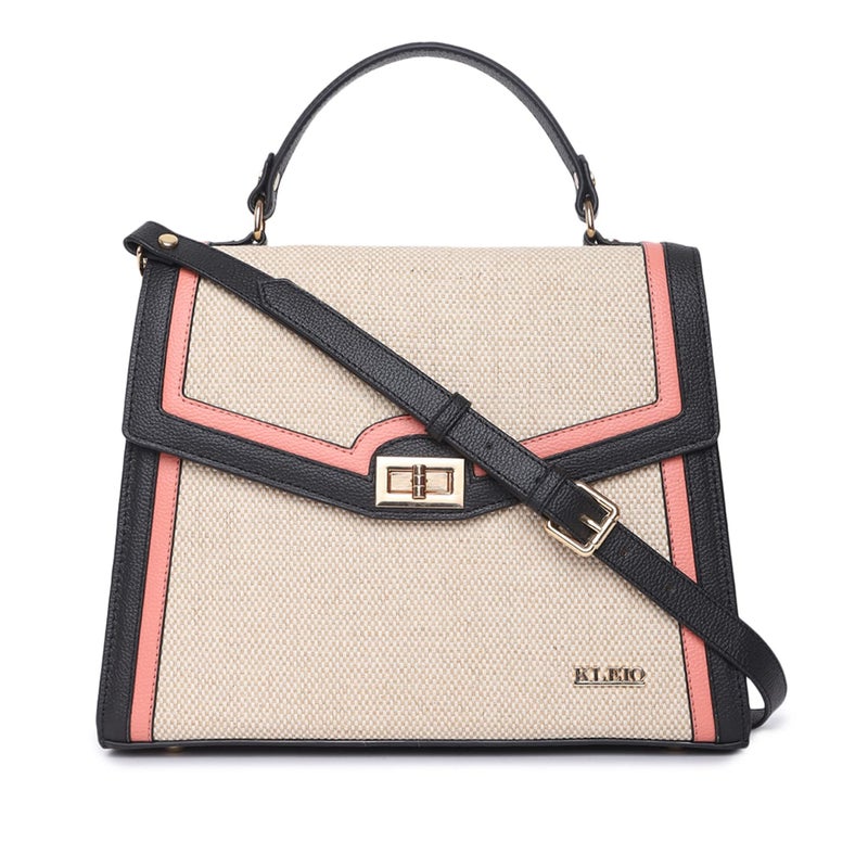 KLEIO Jute Canvas Top Handle Handbag for Women/Girls - Black Peach - Image 4